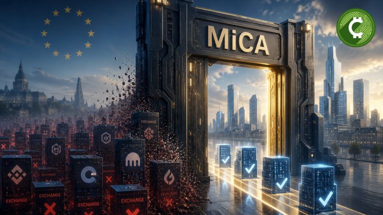 Ilustración conceptual de la regulación MiCA actuando como un filtro para exchanges de criptomonedas en Europa, permitiendo el paso solo a plataformas autorizadas.
