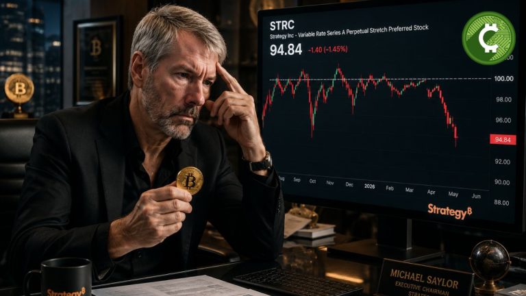 Michael Saylor sosteniendo una moneda de Bitcoin mientras observa el gráfico de STRC cayendo por debajo de 100 dólares en una oficina de Strategy