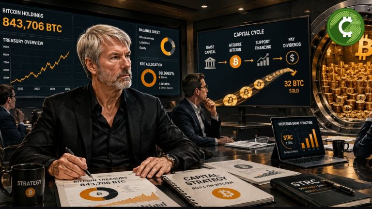 Michael Saylor en una sala de juntas corporativa revisando la estrategia financiera de Strategy tras la venta de 32 BTC y la gestión de su reserva de Bitcoin.
