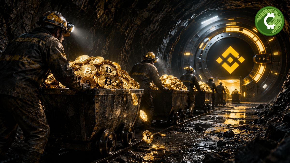 Ilustración de mineros transportando monedas de Bitcoin hacia un exchange, representando el aumento de ventas de BTC y la presión sobre el mercado.