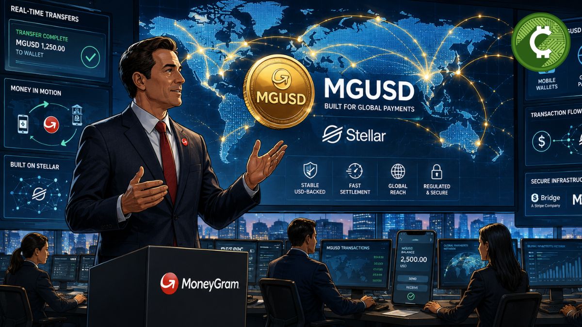 Ilustración de MoneyGram presentando la stablecoin MGUSD sobre la red Stellar para facilitar pagos internacionales y remesas digitales a nivel global.