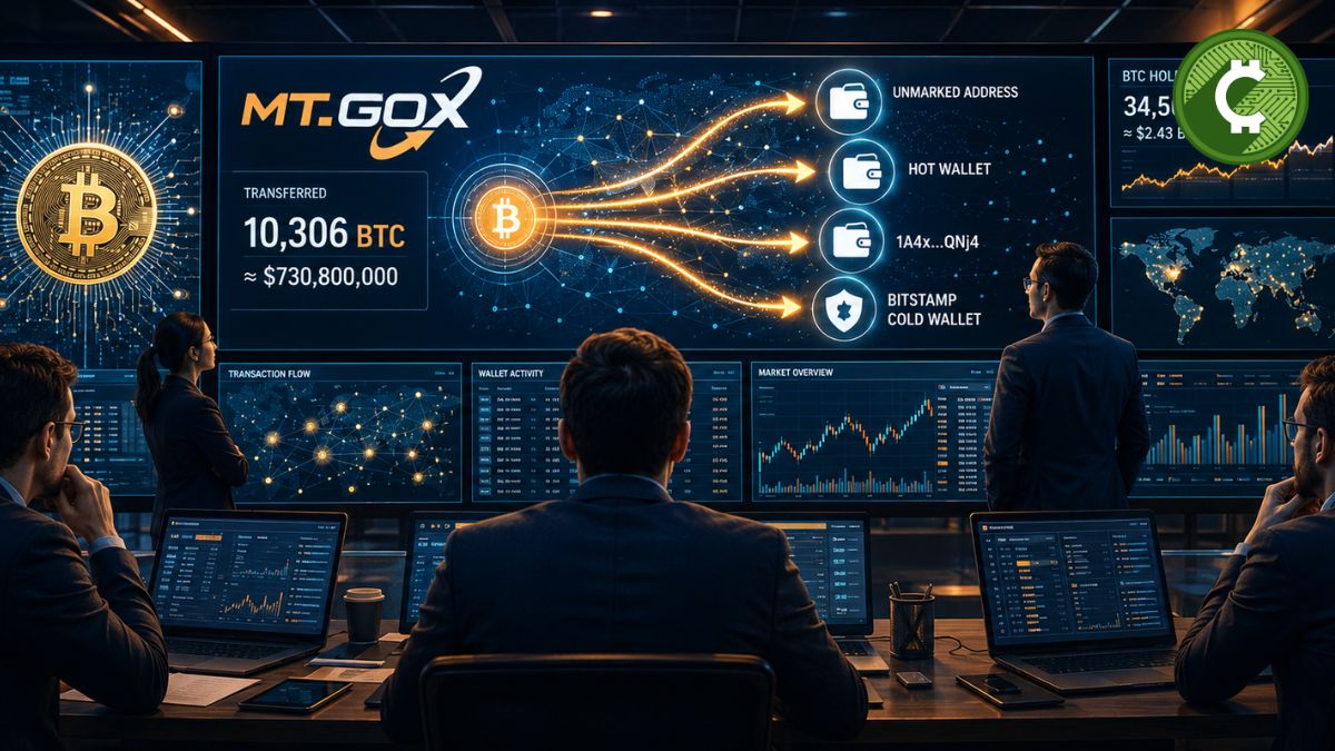 Ilustración de analistas monitoreando la transferencia de 10.306 BTC por parte de Mt. Gox, equivalente a 739 millones de dólares en Bitcoin.