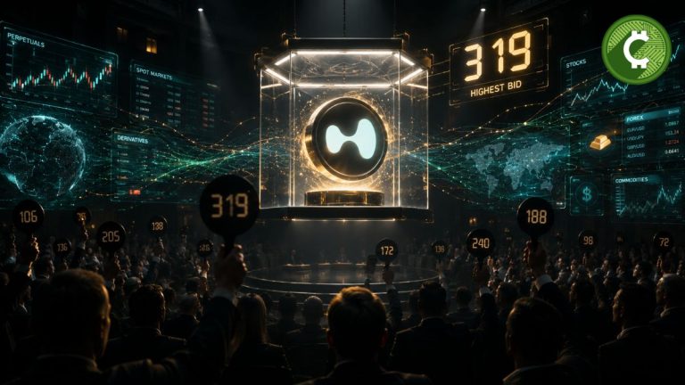 Ilustración conceptual de una subasta futurista que simboliza la proyección de Multicoin sobre HYPE y la evolución de Hyperliquid como un exchange integral.