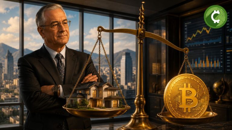 Ilustración editorial de un empresario comparando Bitcoin con bienes raíces mediante una balanza, reflejando la apuesta de Ricardo Salinas por la criptomoneda.