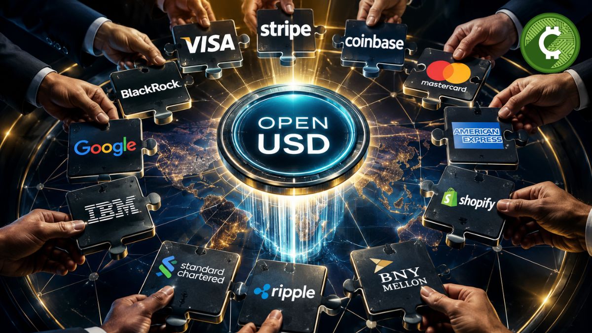 Ilustración de Open USD, la nueva stablecoin respaldada por Visa, Stripe, Coinbase y más de 140 empresas para crear una infraestructura global de pagos con ingresos compartidos.