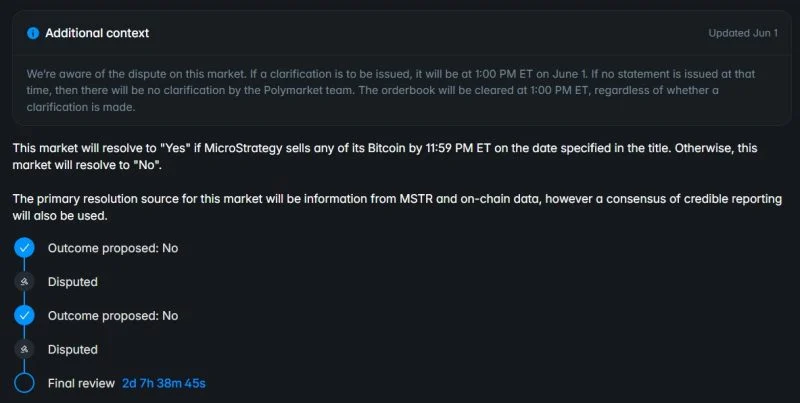 Mercado de Polymarket en disputa tras revelarse la venta de 32 Bitcoin por parte de Strategy antes del 31 de mayo