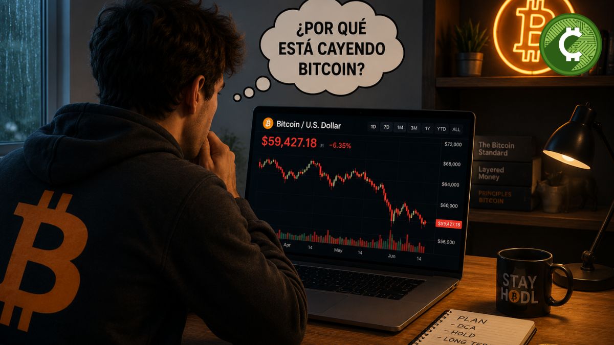 Persona con sudadera de Bitcoin observando una fuerte caída del precio de BTC en su computadora y preguntándose por qué está cayendo Bitcoin.