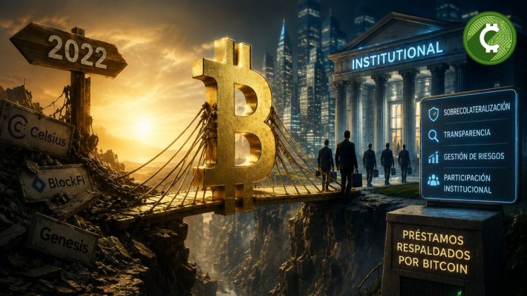 Ilustración conceptual de préstamos respaldados por Bitcoin conectando el ecosistema cripto con las finanzas institucionales tras la crisis de 2022.