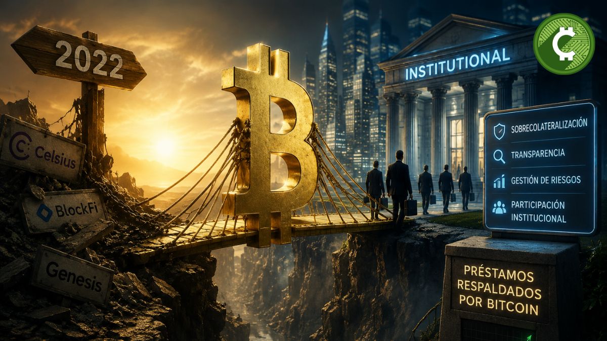 Ilustración conceptual de préstamos respaldados por Bitcoin conectando el ecosistema cripto con las finanzas institucionales tras la crisis de 2022.