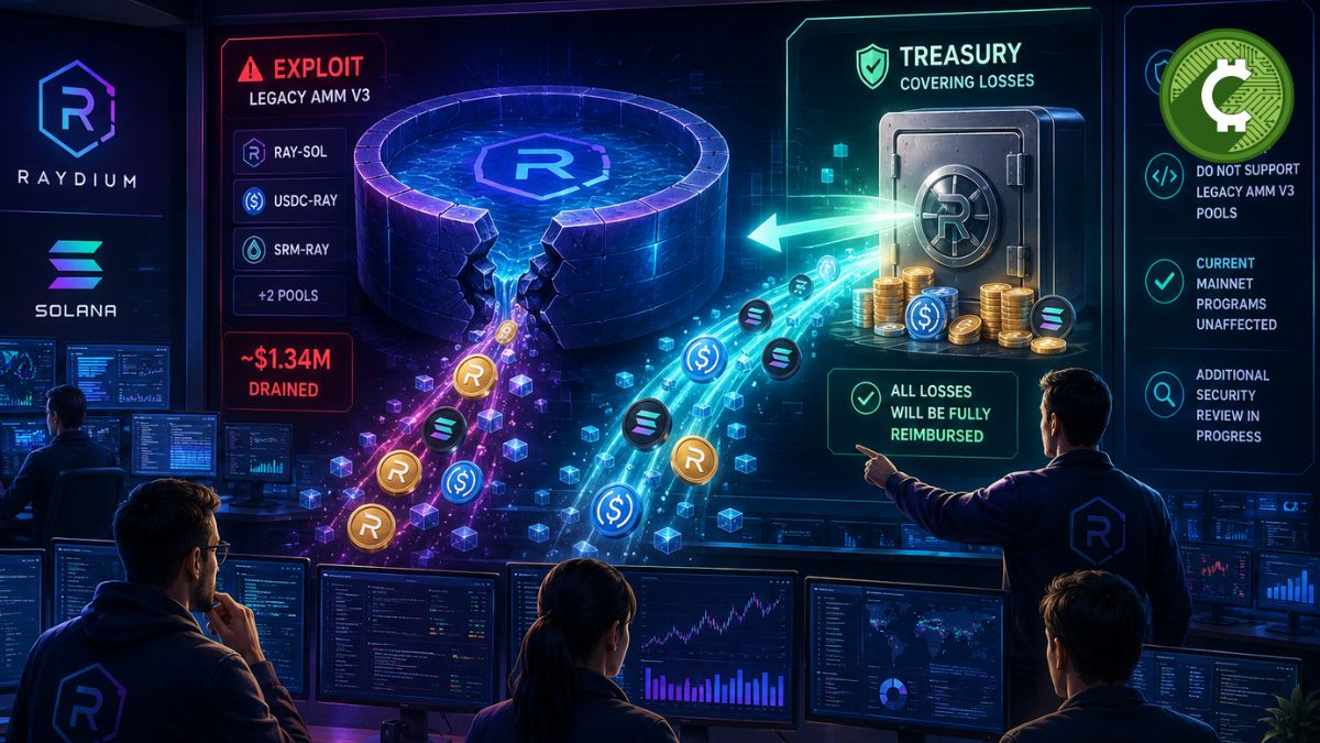 Ilustración editorial de Raydium tras un exploit de 1,34 millones de dólares en un antiguo programa AMM mientras la plataforma garantiza el reembolso de las pérdidas.