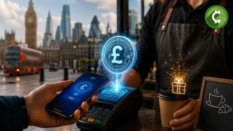 Usuario realiza un pago con stablecoins en una cafetería de Londres mientras el Reino Unido impulsa su adopción para compras y transacciones digitales.