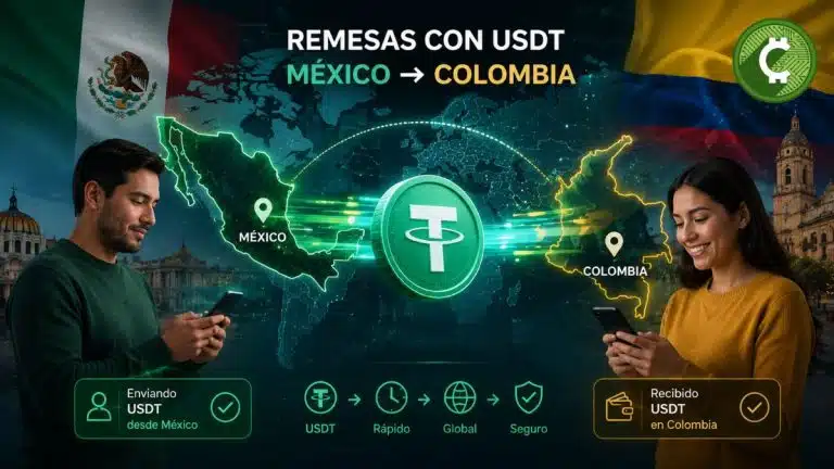 Ilustración de una transferencia de remesas con USDT entre México y Colombia mediante tecnología blockchain y stablecoins.