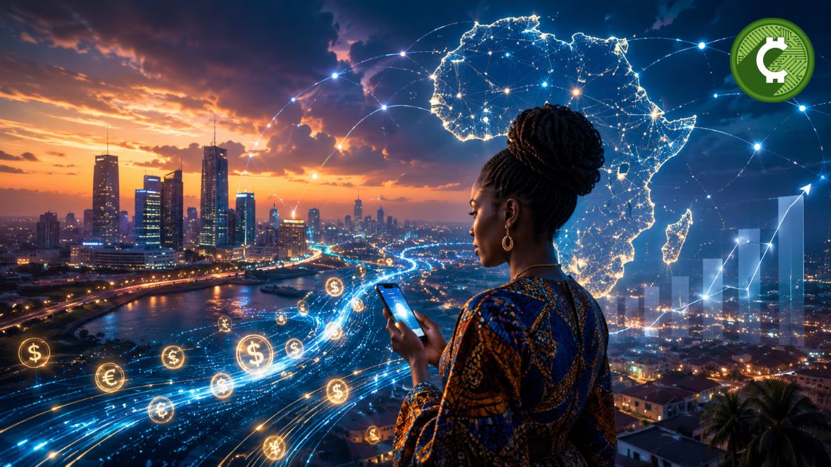 Empresaria africana utilizando pagos digitales mientras una red blockchain simboliza la expansión de Ripple, RLUSD y XRP Ledger para transferencias internacionales en África.