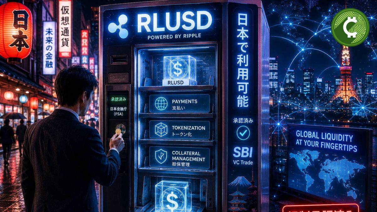 Ilustración creativa de una máquina expendedora futurista en Japón que simboliza el lanzamiento de la stablecoin RLUSD de Ripple tras su aprobación regulatoria.