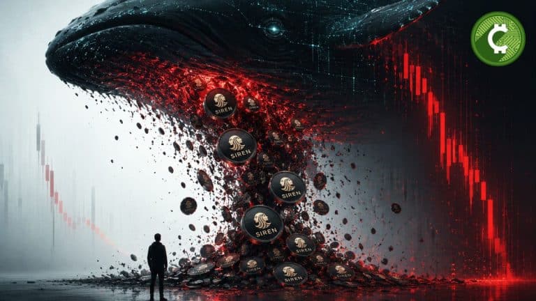 Ilustración editorial de una ballena provocando el desplome del token SIREN tras vender millones de monedas en el mercado de criptomonedas.