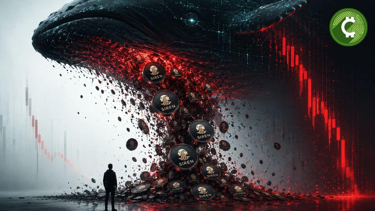 Ilustración editorial de una ballena provocando el desplome del token SIREN tras vender millones de monedas en el mercado de criptomonedas.