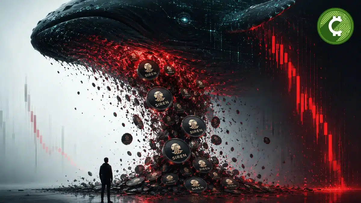 Ilustración editorial de una ballena provocando el desplome del token SIREN tras vender millones de monedas en el mercado de criptomonedas.