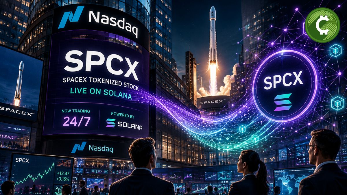 Ilustración de SpaceX llegando a Solana mediante acciones tokenizadas SPCX que comenzarán a negociarse junto a su debut en Nasdaq.