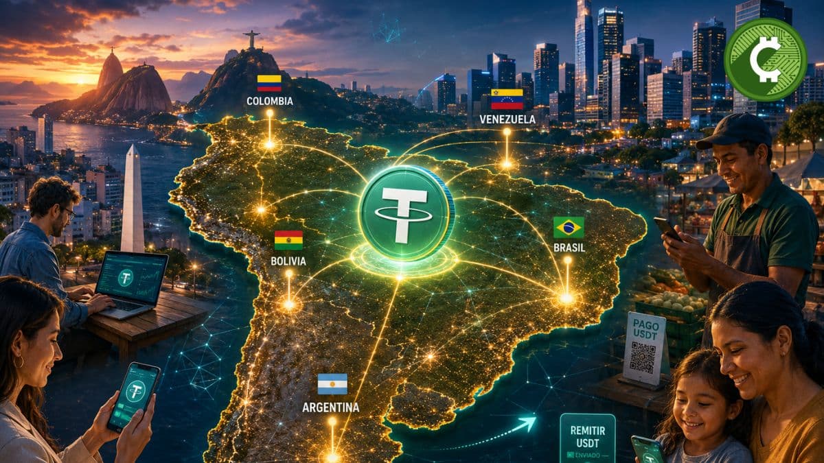 Ilustración editorial de un mapa de Latinoamérica conectado por una red blockchain con un token de USDT en el centro, representando la adopción de stablecoins en Argentina, Brasil, Colombia, Venezuela y Bolivia para pagos, ahorro y remesas digitales.