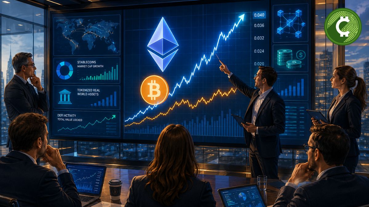 Analistas financieros observan un gráfico donde Ethereum supera a Bitcoin mientras Standard Chartered proyecta un mejor desempeño de ETH frente a BTC.