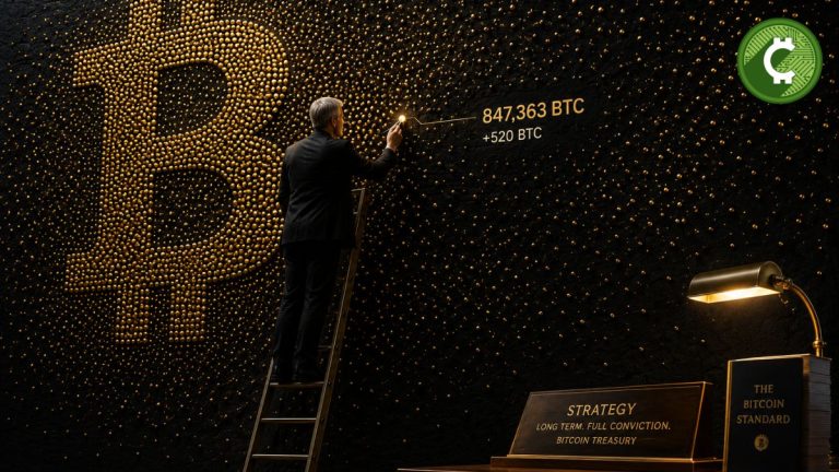 Michael Saylor añade un nuevo punto a un mural simbólico que representa las 847.363 reservas de Bitcoin de Strategy tras comprar otros 520 BTC.