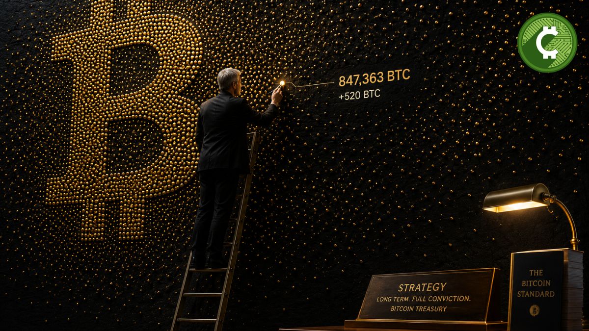 Michael Saylor añade un nuevo punto a un mural simbólico que representa las 847.363 reservas de Bitcoin de Strategy tras comprar otros 520 BTC.