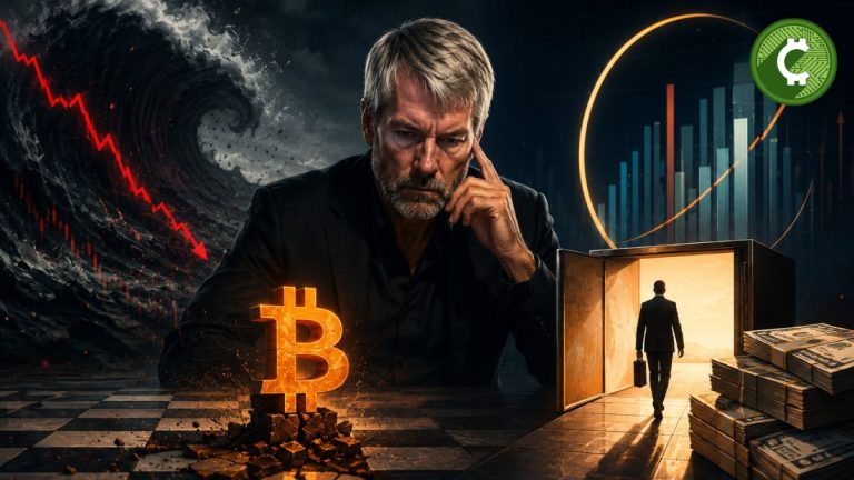 Ilustración editorial que representa a Strategy evaluando una pausa en la compra de Bitcoin para fortalecer sus reservas de efectivo tras la advertencia de CryptoQuant.
