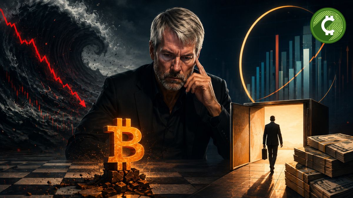 Ilustración editorial que representa a Strategy evaluando una pausa en la compra de Bitcoin para fortalecer sus reservas de efectivo tras la advertencia de CryptoQuant.