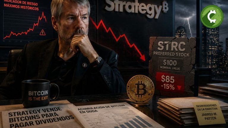 Michael Saylor representado en una oficina corporativa mientras el indicador de riesgo de Strategy aumenta y las acciones preferentes STRC caen, generando dudas sobre su plan de acumulación de Bitcoin.