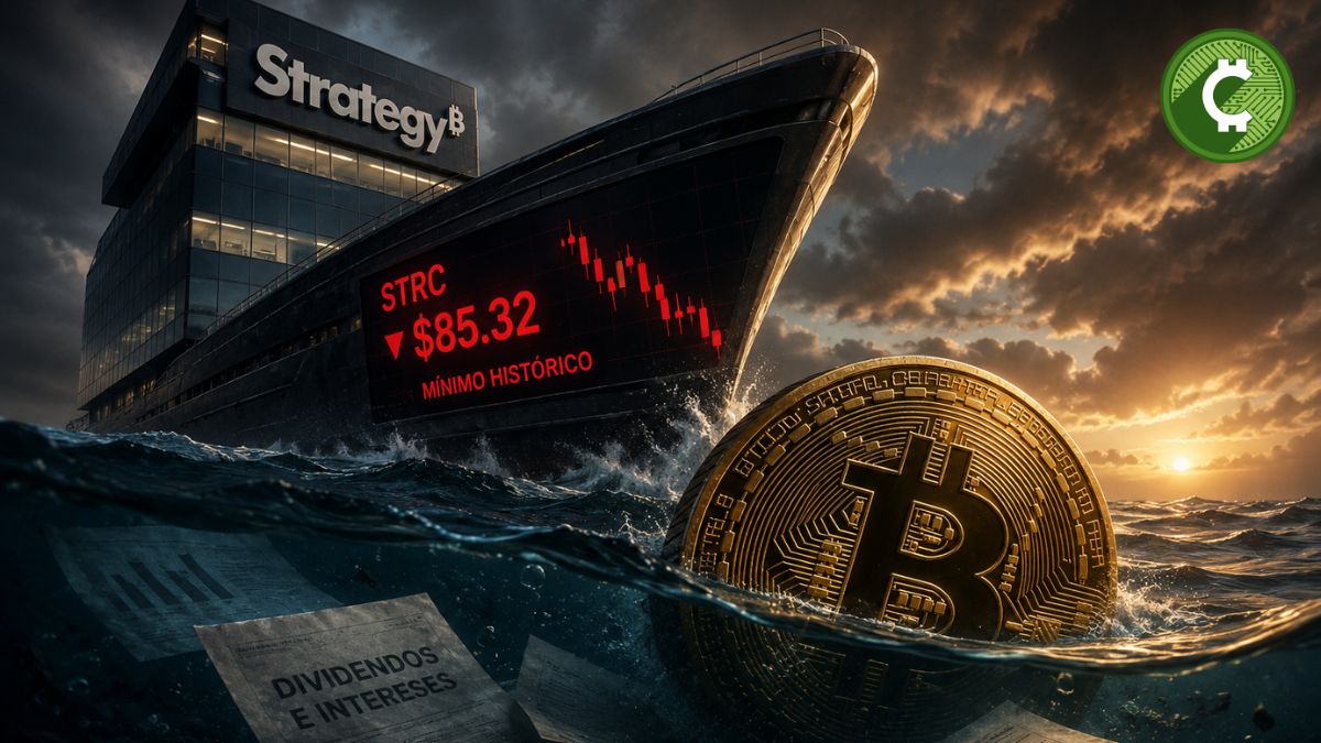Ilustración editorial de Strategy mientras STRC cae a su mínimo histórico y aumentan las dudas sobre el futuro de sus reservas de Bitcoin.