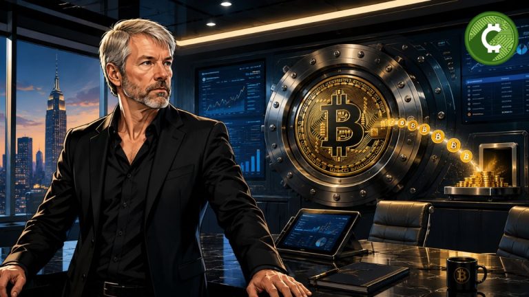 Michael Saylor en una sala de juntas corporativa observando una reserva de Bitcoin mientras Strategy vende 32 BTC y mantiene más de 843.000 bitcoin en su tesorería.