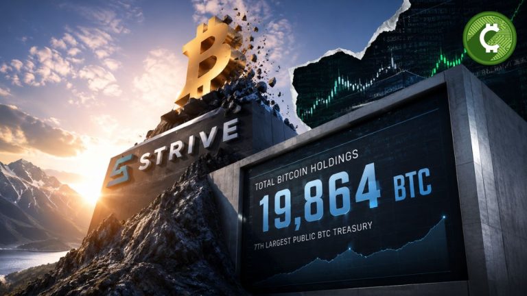 Ilustración conceptual de Strive aumentando sus reservas de Bitcoin hasta casi 20.000 BTC mientras sus acciones reaccionan al alza tras una nueva compra de 759 BTC.