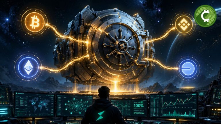 Ilustración de una bóveda digital conectada a Bitcoin, Ethereum, BNB Chain y Base que representa la reanudación de operaciones de THORChain tras un exploit de 10,7 millones de dólares.