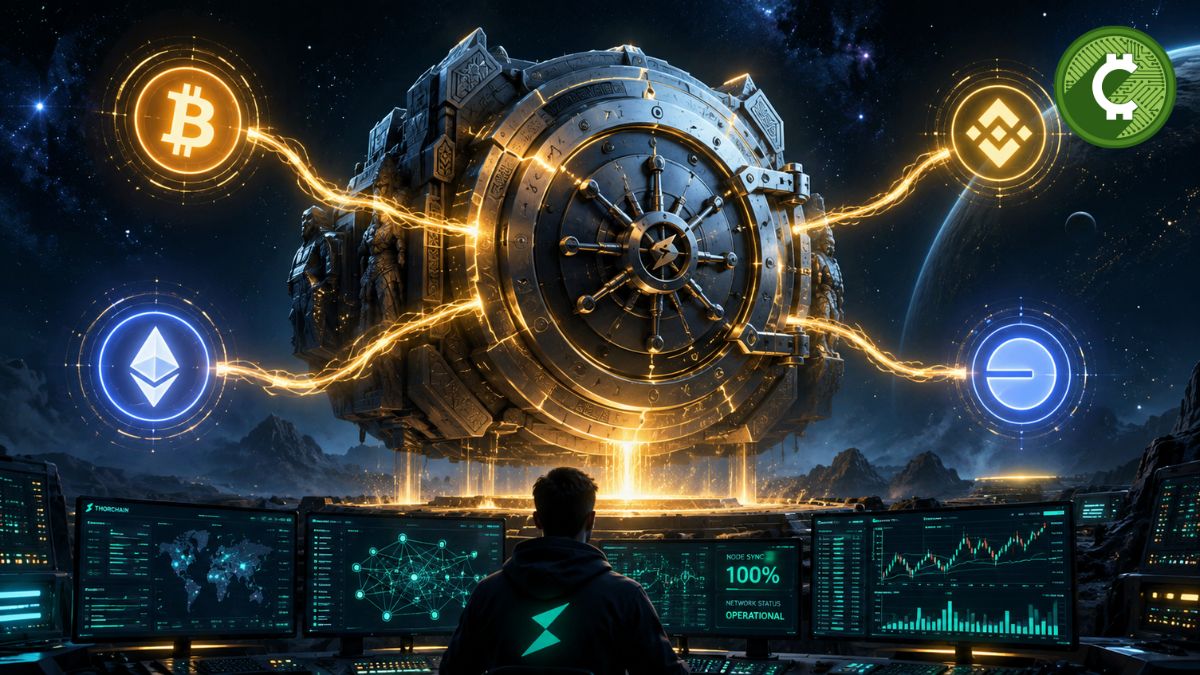 Ilustración de una bóveda digital conectada a Bitcoin, Ethereum, BNB Chain y Base que representa la reanudación de operaciones de THORChain tras un exploit de 10,7 millones de dólares.