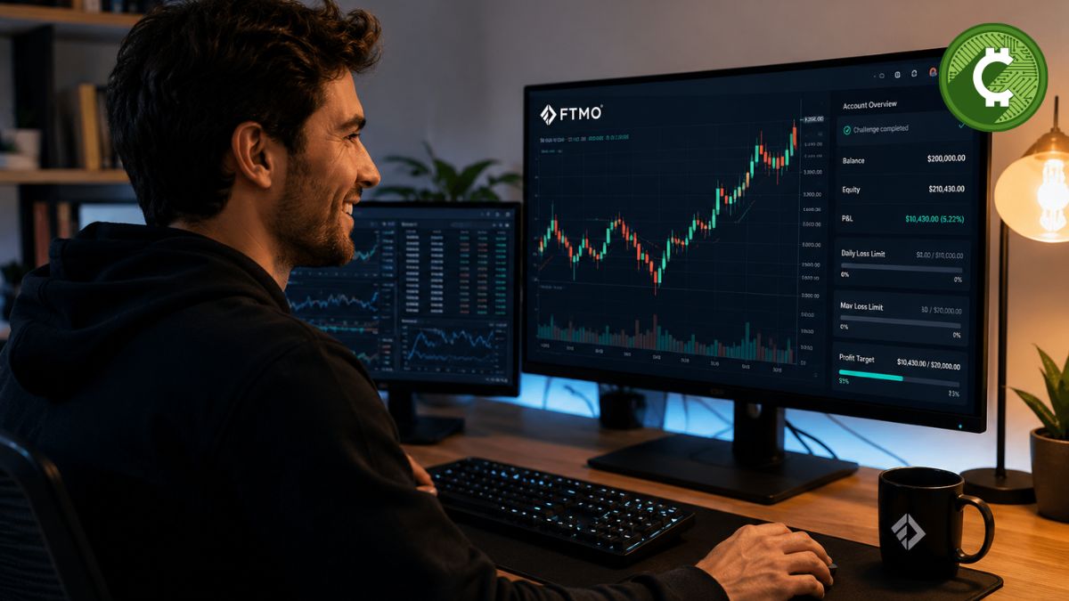 Trader operando criptomonedas desde una computadora con plataforma de prop firm y gráficos de trading en pantalla.
