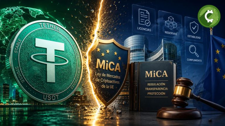 Ilustración de USDT frente a la regulación MiCA de la Unión Europea y su impacto en las stablecoins.