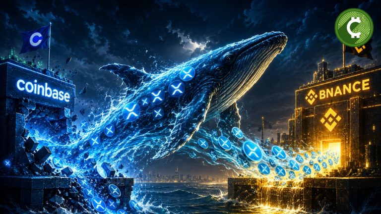 Ilustración de una ballena de XRP moviendo grandes cantidades de tokens desde Coinbase hacia Binance mientras aumenta la actividad de los grandes inversores.