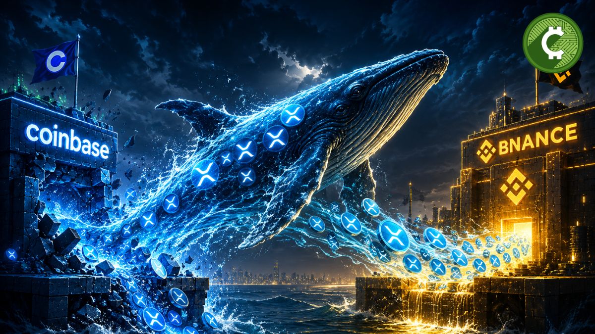 Ilustración de una ballena de XRP moviendo grandes cantidades de tokens desde Coinbase hacia Binance mientras aumenta la actividad de los grandes inversores.
