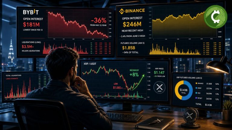 Trader analizando gráficos de XRP mientras el Open Interest cae en Bybit y Binance mantiene posiciones apalancadas cerca de máximos recientes.