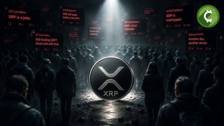 Ilustración editorial de XRP iluminado mientras una multitud le da la espalda, representando el sentimiento negativo del mercado en 2026.