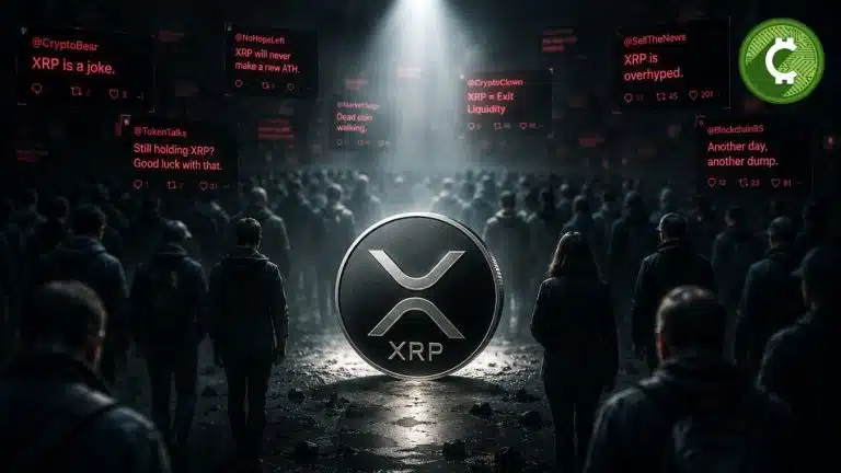 Ilustración editorial de XRP iluminado mientras una multitud le da la espalda, representando el sentimiento negativo del mercado en 2026.