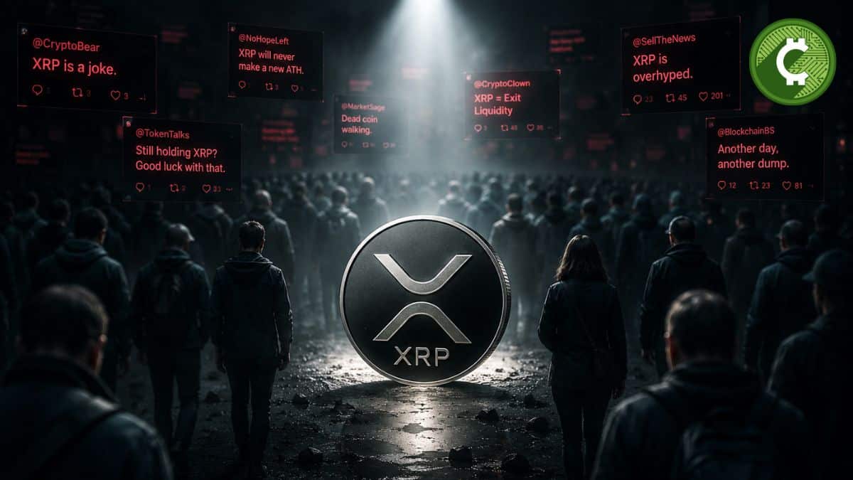 Ilustración editorial de XRP iluminado mientras una multitud le da la espalda, representando el sentimiento negativo del mercado en 2026.