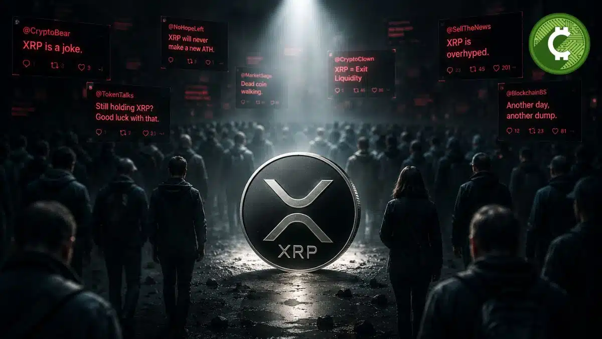 Ilustración editorial de XRP iluminado mientras una multitud le da la espalda, representando el sentimiento negativo del mercado en 2026.