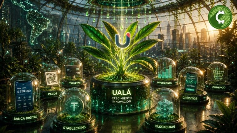 Ilustración de un invernadero futurista donde una planta simboliza el crecimiento de Ualá gracias a la inversión de USD 20 millones de Tether en la banca digital de América Latina.