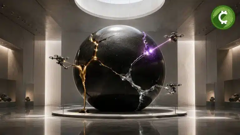 Museo futurista con una esfera negra agrietada siendo reparada, representando la actualización Zebra 6.1.0 de Zcash que corrige cuatro vulnerabilidades críticas sin modificar el consenso de la red.