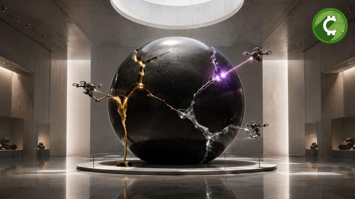 Museo futurista con una esfera negra agrietada siendo reparada, representando la actualización Zebra 6.1.0 de Zcash que corrige cuatro vulnerabilidades críticas sin modificar el consenso de la red.