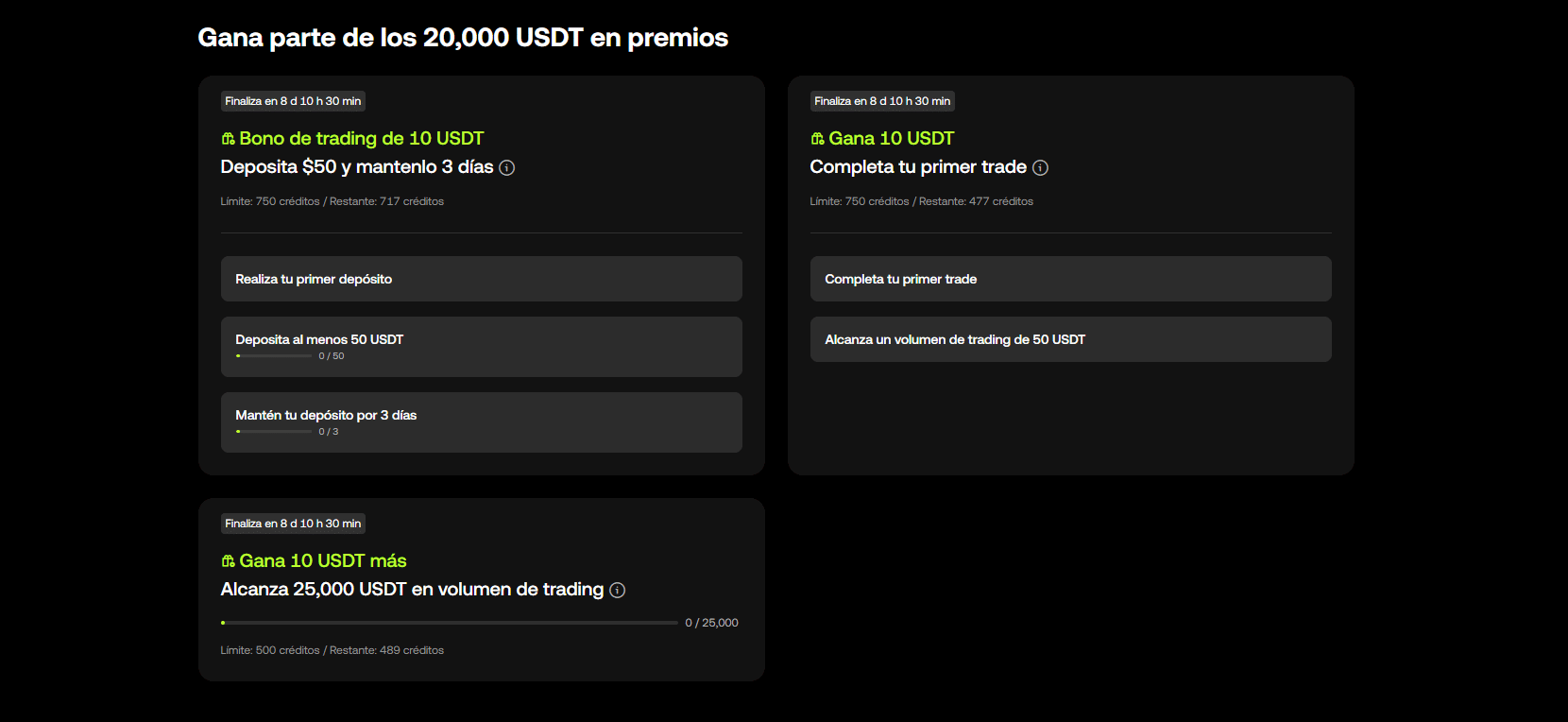 Panel de recompensas de la campaña de OKX para Latinoamérica que ofrece hasta 20.000 USDT en premios por depósito, primer trade y volumen de trading.