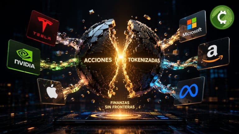 Ilustración conceptual de acciones tokenizadas donde empresas como Tesla, Apple, Nvidia, Amazon, Microsoft y Meta se representan como activos digitales conectados mediante tecnología blockchain.
