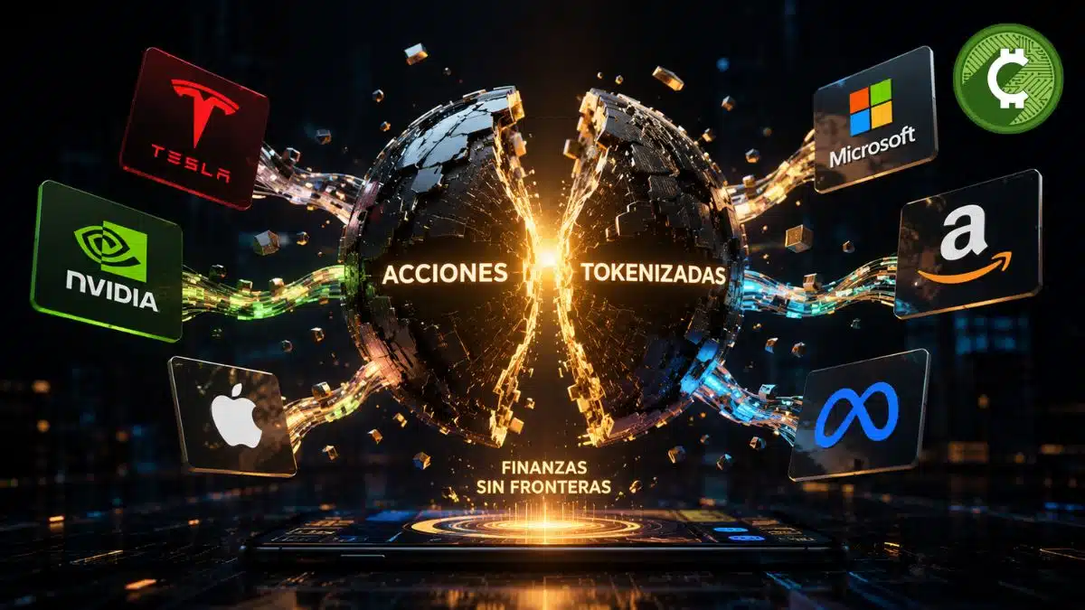 Ilustración conceptual de acciones tokenizadas donde empresas como Tesla, Apple, Nvidia, Amazon, Microsoft y Meta se representan como activos digitales conectados mediante tecnología blockchain.