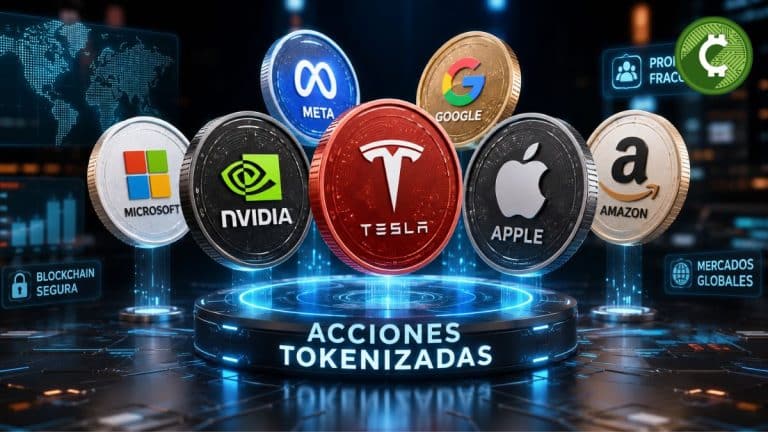 Ilustración conceptual de acciones tokenizadas de empresas como Tesla, Nvidia y Apple representadas como activos digitales negociados sobre infraestructura blockchain.